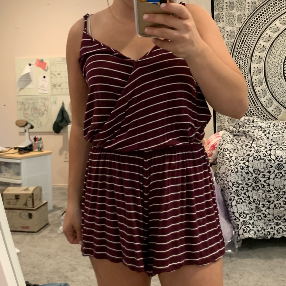 American Eagle Maroon Striped Romper
